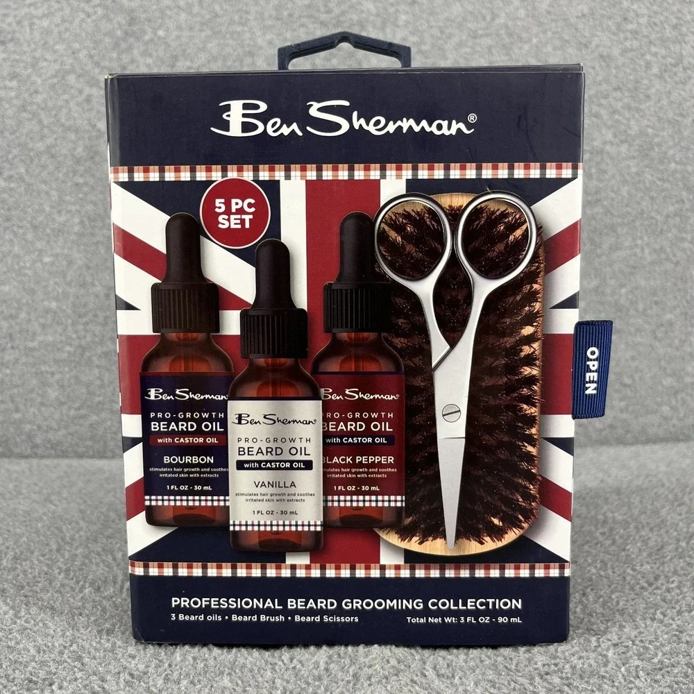Ben Sherman Beard Oil Pro-Growth professional grooming brush‎ scissors 5 pc set
